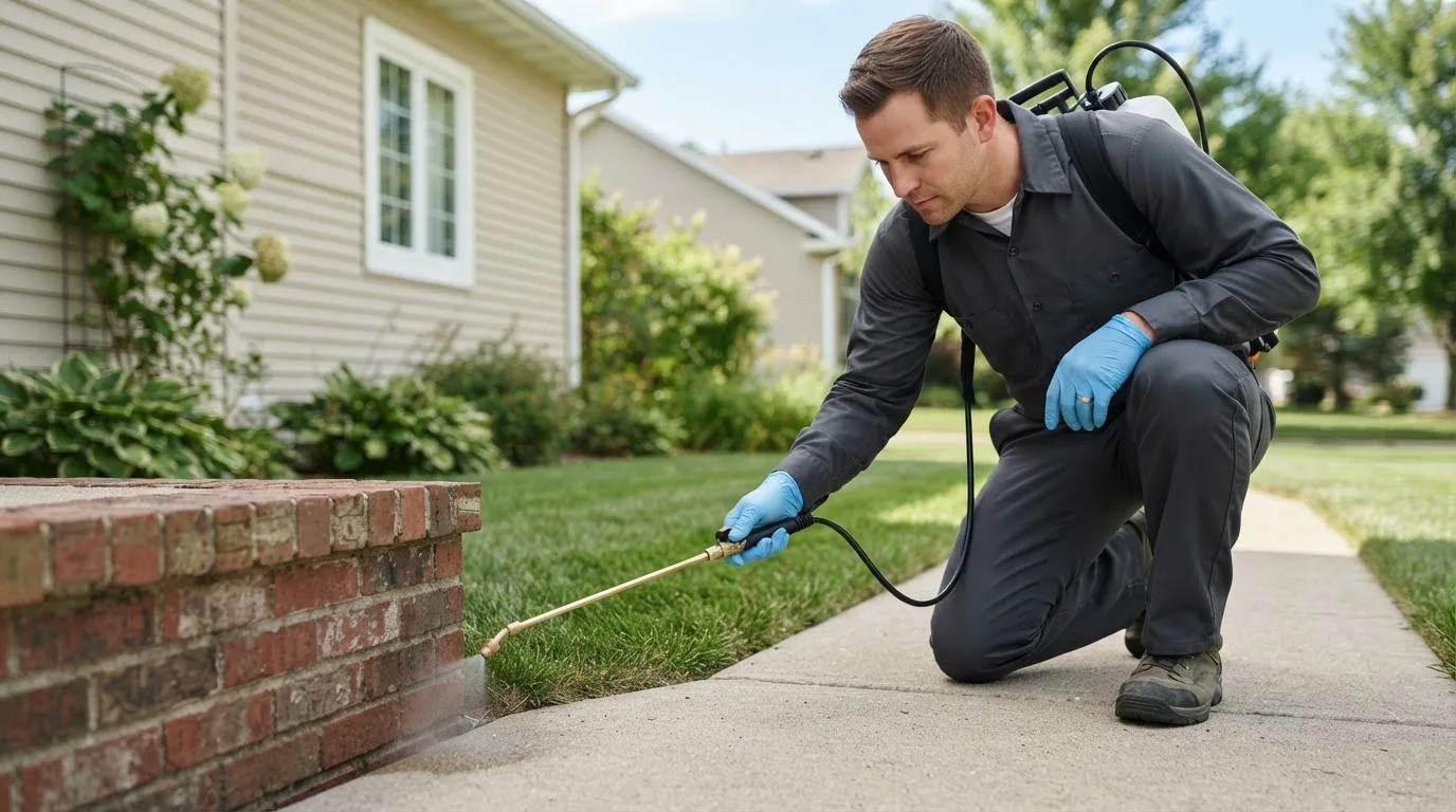 Pest control technician treating a home near Georgetown, MA